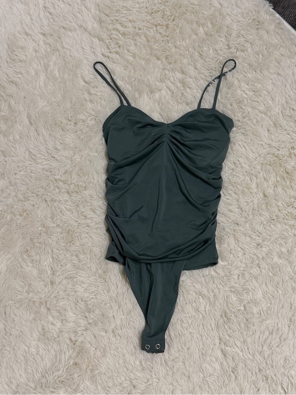 Express Ruched Dark Green Spaghetti-Strap Bodysuit